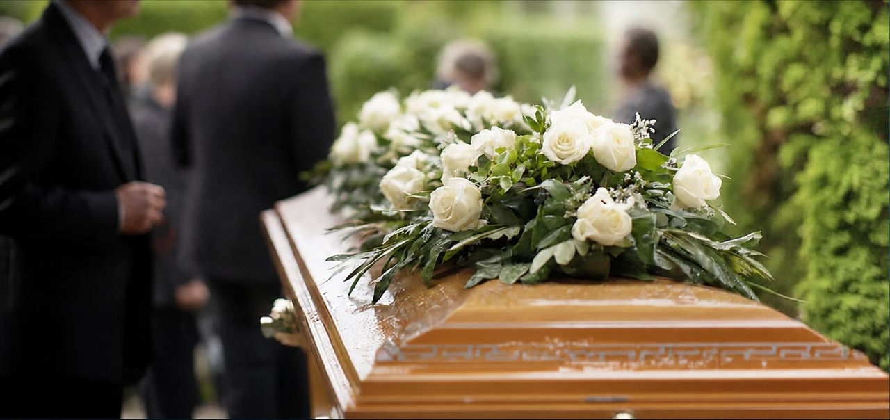 flowers on top of a coffin